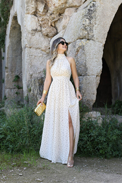 bytugcekaya Ekru Puantiyeli Halter Yaka Elbise
