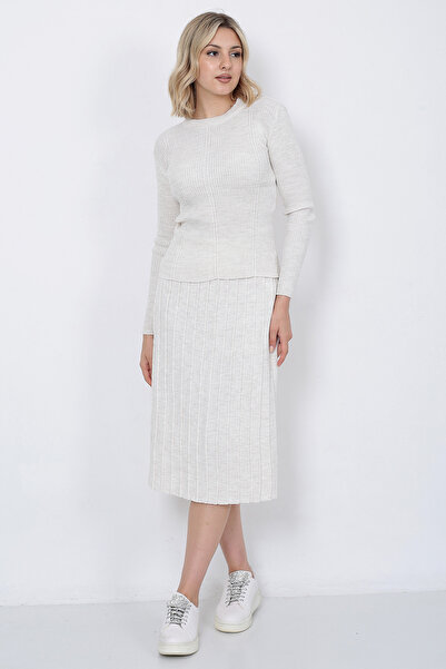 LUGMO Kadın Triko Pilise Etekli Saç Örğülü Kazak Takım Oversize Taş