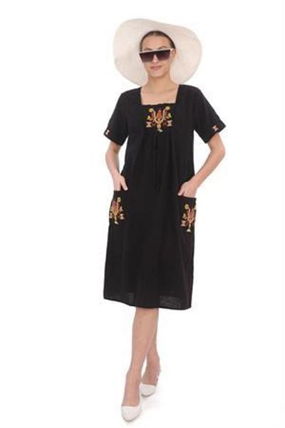 Bohem Stil Rochie de lin brodată cu guler rotund cu jumatate de Mânecă