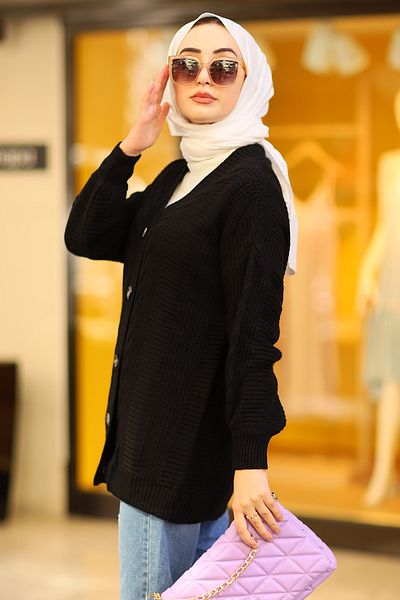 LUGMO Oversize Γυναικεία Πλεκτά Hijab Ζακέτα Μαύρη