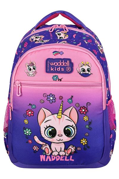 Waddell Purple Cat Pattern Licensed Primary School Bag - Nutrition and Pen Holder Set