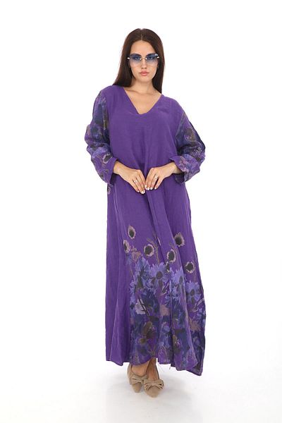 Bohem Stil Long Kolen V-neck Digital Printed Italian Linen Dress