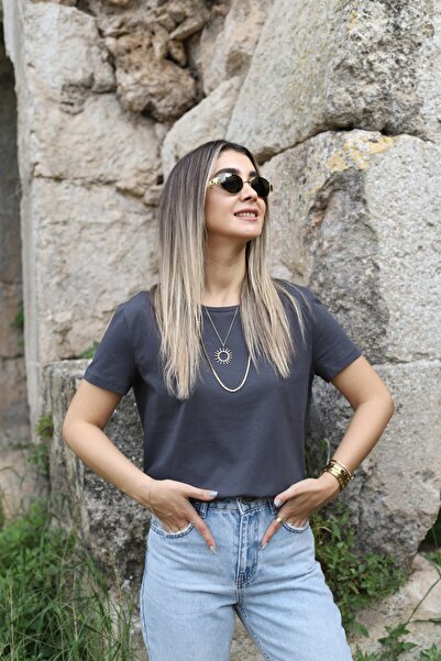 bytugcekaya Anthracite Oval Crew Neck Basic Design