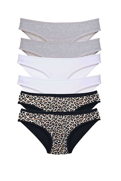 Ethab Ticaret 6 Pieces Leopard Patterned Lycra Women's Slip Panties - Gray White