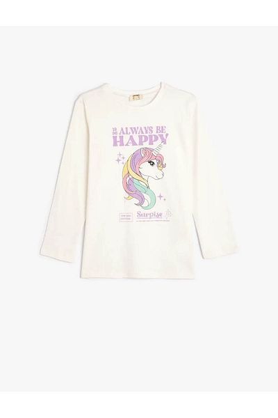 Koton Bavlněné jednorožcové tričko s dlouhým rukávem - Crew Neck