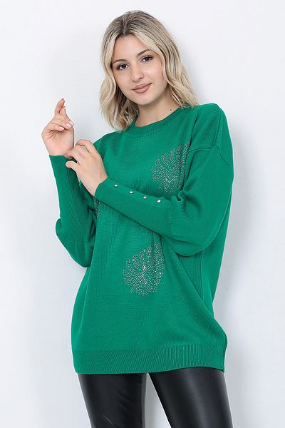 LUGMO Tricotaj de damă Pulover Decolteu cu frunze Mâneci cu model Cu bijuterii supradimensionate Verde