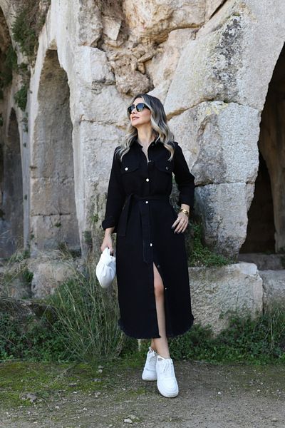 bytugcekaya Rochie de jeans cu buzunare cu curea lungă neagră închisă