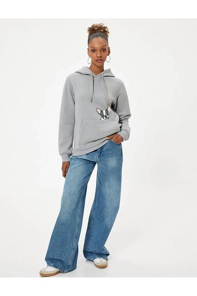 Koton Dog Printed Oversize Hooded Sweatshirt - Kangaroo Pocket Detail