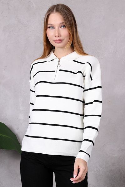 LUGMO Women's Polo Collar Oversize Striped Zippered Knitwear Sweater Ecru