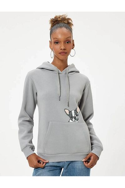 Koton Dog Printed Oversize Hooded Sweatshirt - Kangaroo Pocket Detail