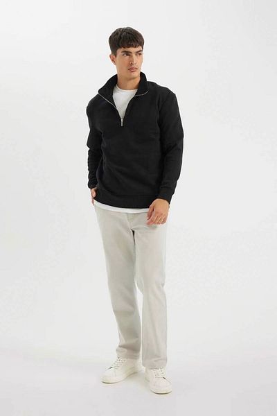 DeFacto Schwarzes Komfort-Sweatshirt mit normaler Passform, bequemer Passform, Stehkragen, Reißverschluss, dick, Basic, einfarbig, 25k801t01292