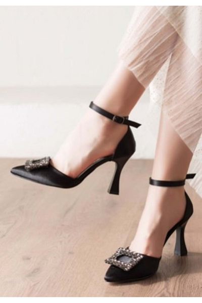 KOCAMANLAR Feles Square Stone Detailed Heeled Women's Evening Shoes BLACK