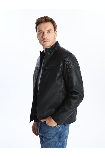 LC Waikiki Lcwaikiki Classic - New Black Men's Leather Look Coat, Stand Collar