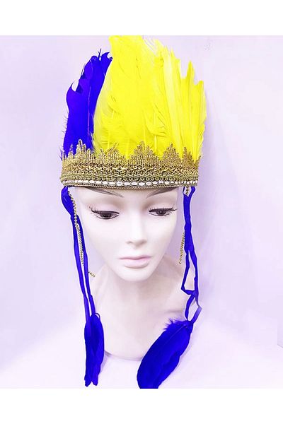 Mu Art Yellow Navy Blue Feather Native American Headdress| Fan Head