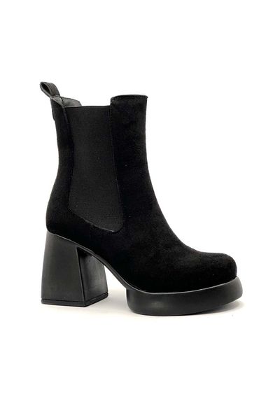 KCMN Seribo Elastic Platform Talpa 9 Cm Cizme Damă Cu Toc Negru-de piele intoarsa