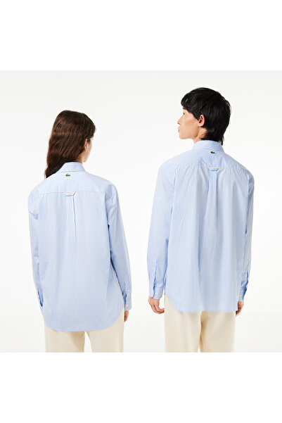 Lacoste Unisex Relaxed Fit Düğmeli Yaka Çizgili Mavi Gömlek