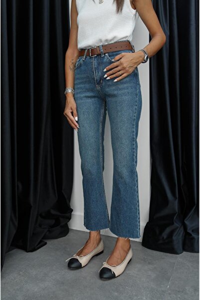 Havoş Koyu Mavi Boy Fit Kesik Paça Jean