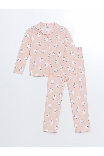LC Waikiki Lcw Shirt Collar Printed Long Sleeve Girl's Pajamas Set