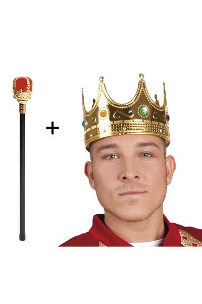 colezium Gold Color 60 cm King Crown Royal Crown and Red Knob King Scepter Set