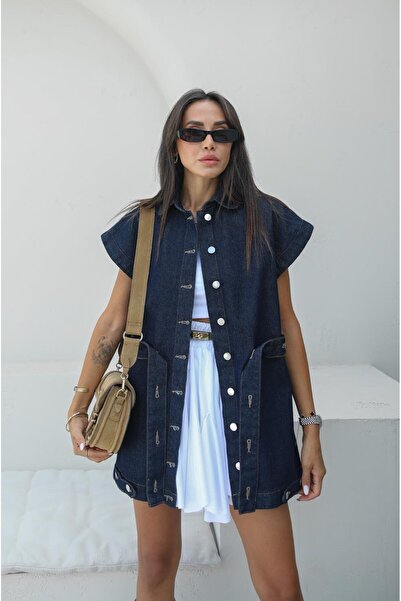 Havoş Dark Blue - Comfortable Denim Vest with Belt