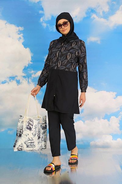 Moda Çizgi Navy Blue Patterned Full Hijab Trousers Swimsuit - 31075