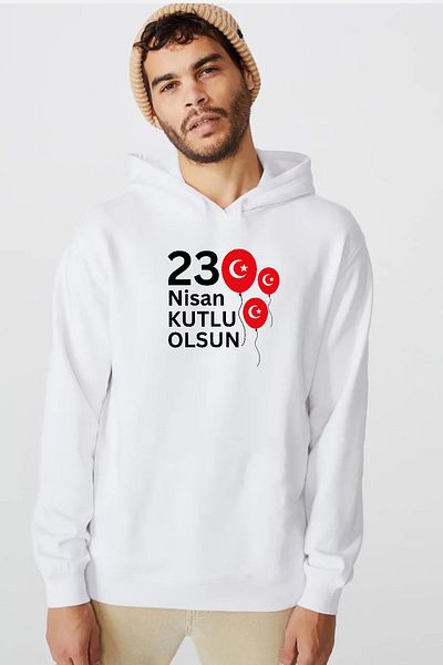 Tshirthane Ανδρικό φούτερ με κουκούλα 3 ιπτάμενων 23 Απριλίου Balloon White