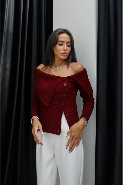 Havoş Front Buttoned Burgundy Boat Neck Blouse