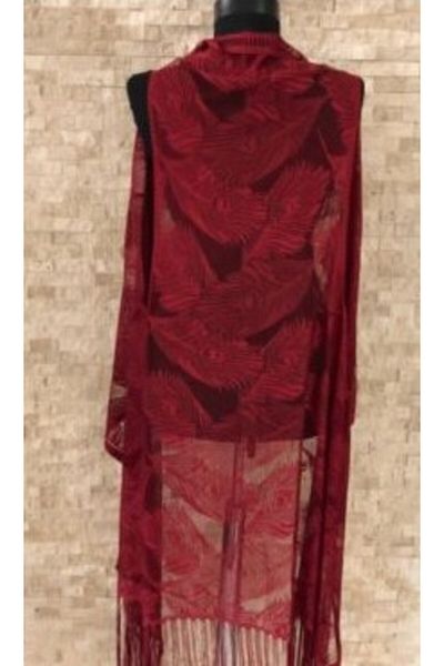 Osso Fashion Pareo Lace Vest Swimsuit Bikini with Leaf Pattern and Tassels Beach Dress - Burgundy