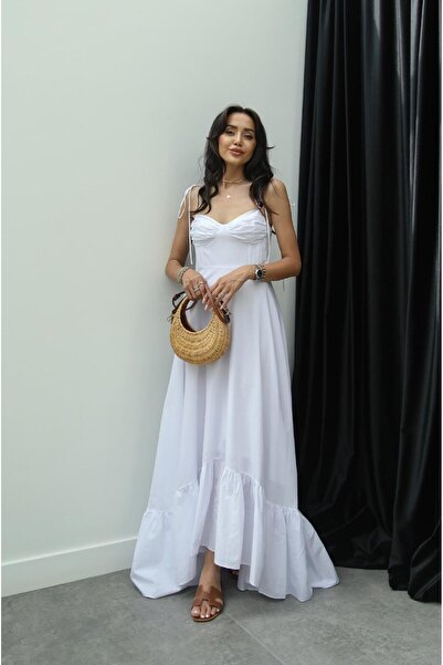 Havoş Λευκό Voile Maxi Φόρεμα με τιράντες - Λεπτομέρεια βολάν