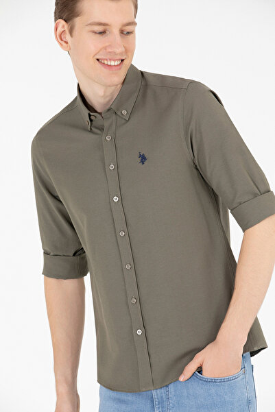 U.S. Polo Assn. Ανδρικό πουκάμισο Khaki - Μακρύ μανίκι, Basic Model 50265664-VR027