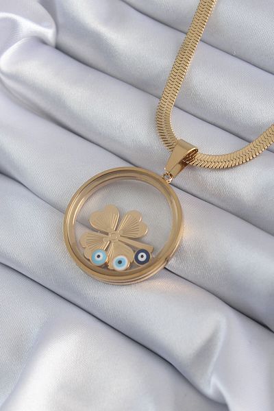 Skygo Gold Color 316L Steel - Clover Figure Women's Necklace with Italian Chain and Dome Detail - Tj-Bko8281