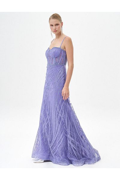Kayra Rochie de seara cu bretele subtiri in forma de peste liliac