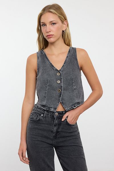 Trendyol Collection Anthracite V-Neck Fitted Denim Vest Twoss23Ye00036