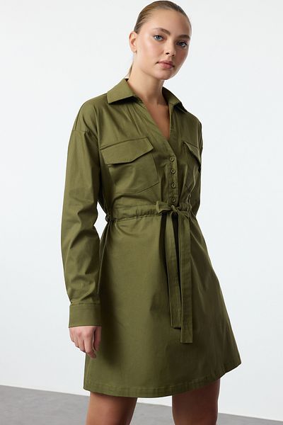 Trendyol Collection Χακί Μίνι υφαντό φόρεμα από βαμβακερό λεπτομέρεια σήραγγας με ανοιχτή μέση TWOAW25EL00166
