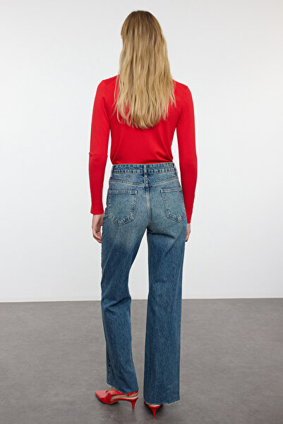 Trendyol Collection Sötétkék széles lábszárú farmernadrág - normál derék TWOAW25JE00137