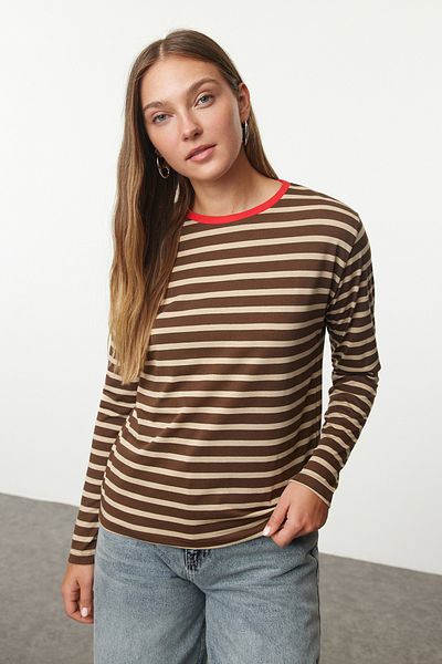 Trendyol Collection Hnědo-kamenné pruhované základní pletené s barevným límcem