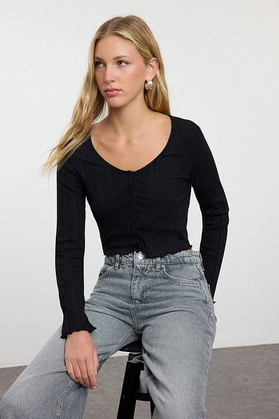 Trendyol Collection Elastyczna bluzka z długim rękawem i kołnierzykiem basenowym w kolorze czarnym, dzianinowa - Twoaw25bz00202