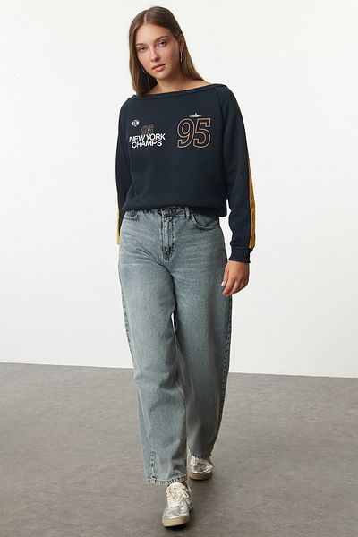 Trendyol Collection Carmen Collar Navy Blue Regular Sweatshirt - Front and Back Print, Piping Detail Twoaw25Sw00194