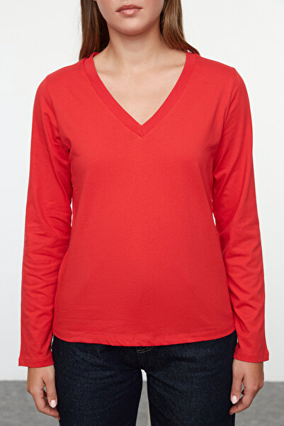 Trendyol Collection Piros V-nyakú, hosszú ujjú 100% pamut póló - Twoaw21ts0099