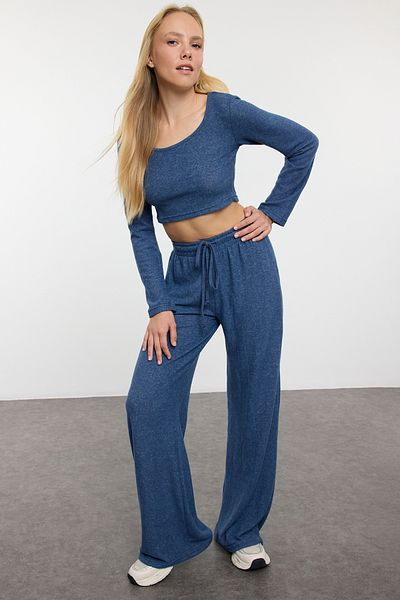 Trendyol Collection Indigo Soft Crop felső és széles lábú kötött készlet - Twoaw23Au00125
