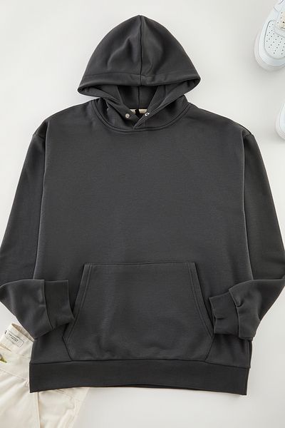 Trendyol Collection Anthracite Oversize/Wide Cut Snap Detailed Basic Hooded Sweatshirt Tmnaw25Sw00109