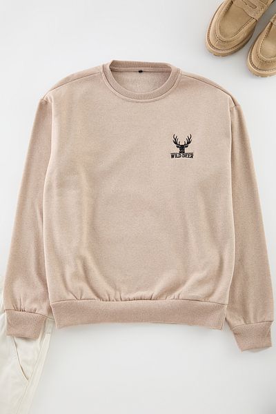 Trendyol Collection Beiges, langärmliges, übergroßes Sweatshirt mit Tierstickerei - Tmnaw24Sw00164