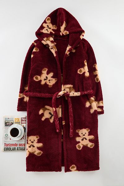 Trendyol Collection Rochie tricotată Wellsoft Burgundy - cu curea, ursuleț și glugă THMAW25SB00003
