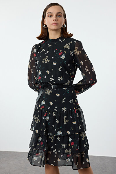 Trendyol Collection Μαύρο-Πολύχρωμο Φόρεμα Midi Skater με φλοράλ στάμπα - TWOAW21EL0354