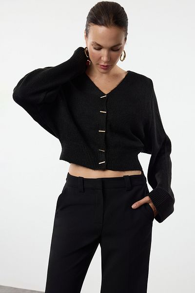 Trendyol Collection Black Button Detailed V-Neck Soft Textured Crop Knitwear Cardigan Twoaw25Hi00074