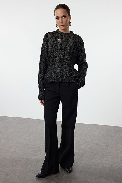 Trendyol Collection Pulover negru cu model de tricotat de păr - bumbac TWOAW25KZ00214