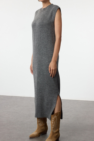 Trendyol Collection Maxi Length Anthracite Knitwear Gilet Dress - Soft Texture and Slit Detail TWOAW25EL00022