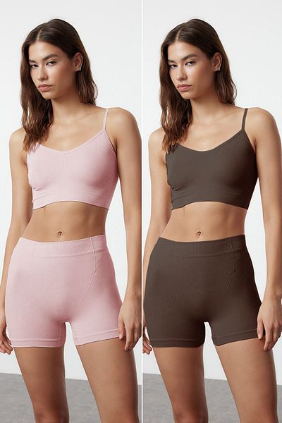 Trendyol Collection 2 csomag varrat nélküli poros rózsa és barna boxer kötött alsónadrág - THMAW25KU00010