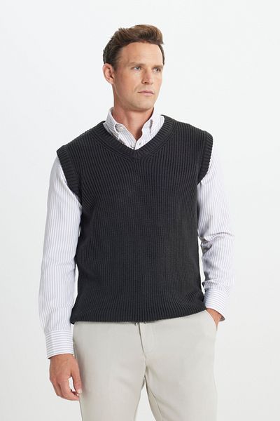 AC&Co / Altınyıldız Classics Men's Anthracite-Melange Standard Fit Normal Cut V-Neck Knitwear Sweater