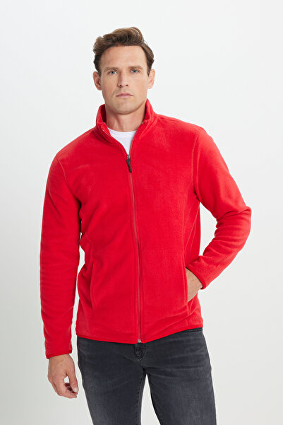 AC&Co / Altınyıldız Classics Men's Red Anti-pilling Fleece Jacket - Standing Bato Collar, Non-Pilling, Standard Fit Sweatshirt